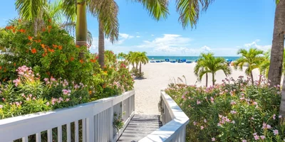 wooden walkway leading to a beach with the ocean in the background